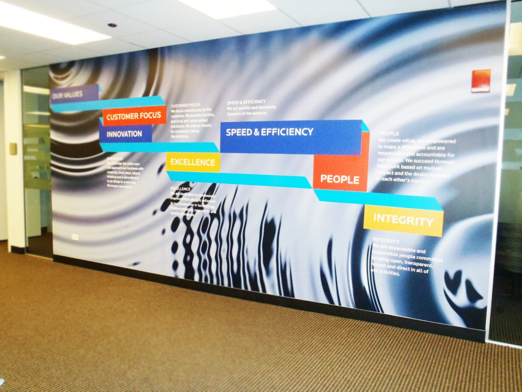 Xchanging printed wall graphic of company values