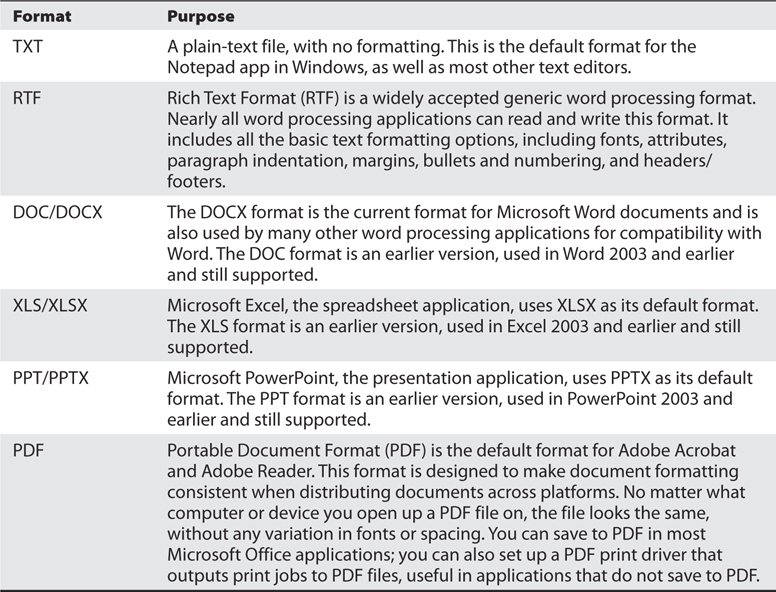 Table: Different Document Formats and their purposes